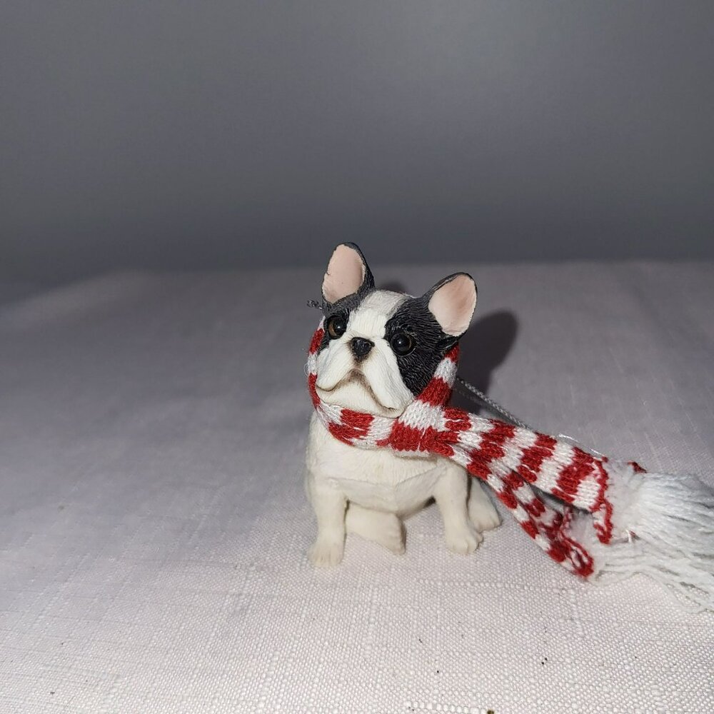 Boston Terrier Christmas Ornament With Red & White Scarf 3.5 Inches